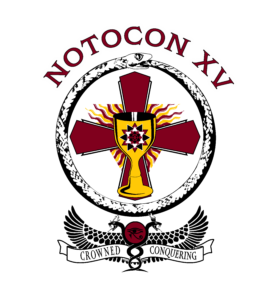 A chalice before a cross before a red and yellow descending triangle, surrounded by an ouroboros, surmounted by the title “NOTOCON XV,” and supported by the winged sun emblazoned with the Eye of Horus framed with twin Uraeus gazing east and west, and flying a banner declaring to the world, “Crowned and Conquering.”